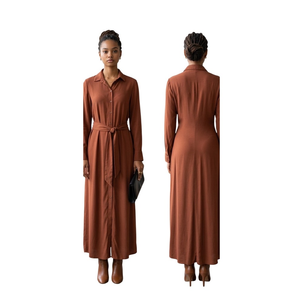 Reformation Rust Brown Button Front Maxi Shirt Dress Long Sleeve Belted Size 10